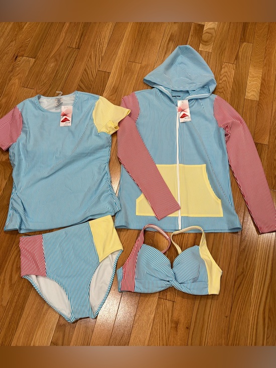 Lands' End Other - 4 Piece Lands' End Blue, Red, Yellow & White Striped Swim Set Bikini/Rash Guards
